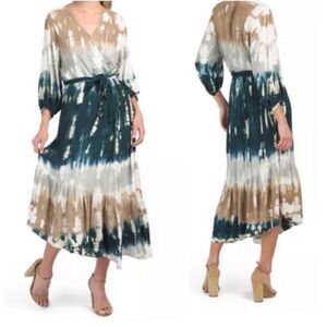 Young Fabulous & Broke Jillian Faux Wrap Asymmetrical Tie Dye MIDI Dress Sz M